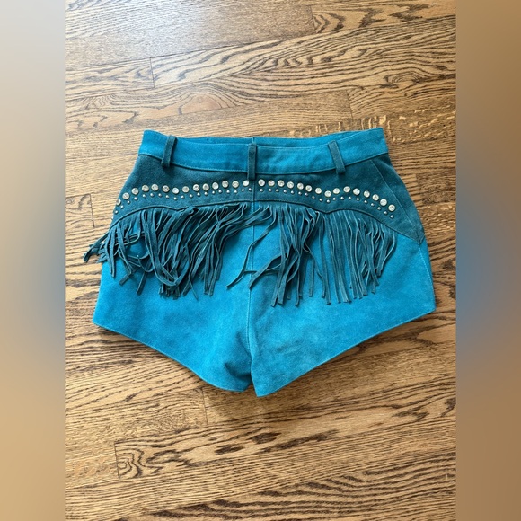 Understated Leather Wanted Teal Fringe Studded Shorts Size XL - Picture 4 of 7